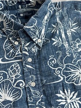 Reyn Spooner XL Reverse Print Hawaiian Pullover Shirt Blue Bamboo Floral